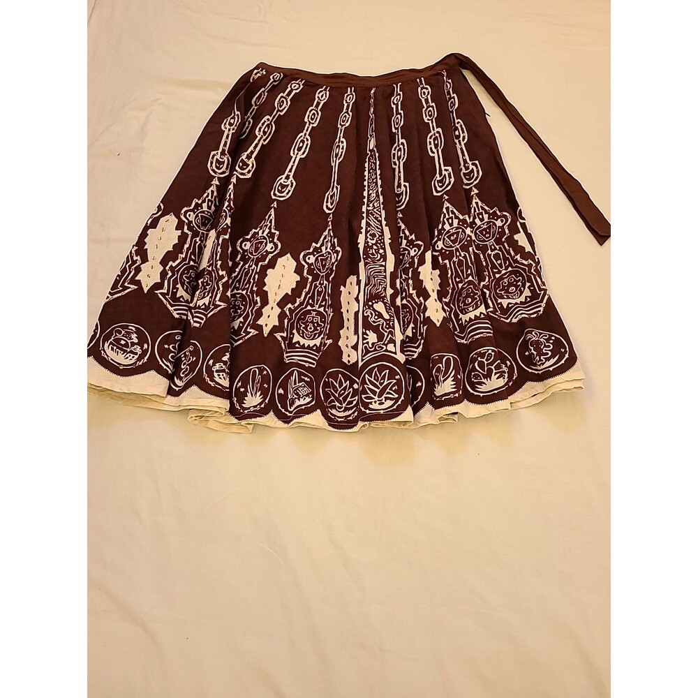 Vtg Girl Talk West L Brown Art Vulvic Fine Cotton Tribal Print Full Skirt Boho